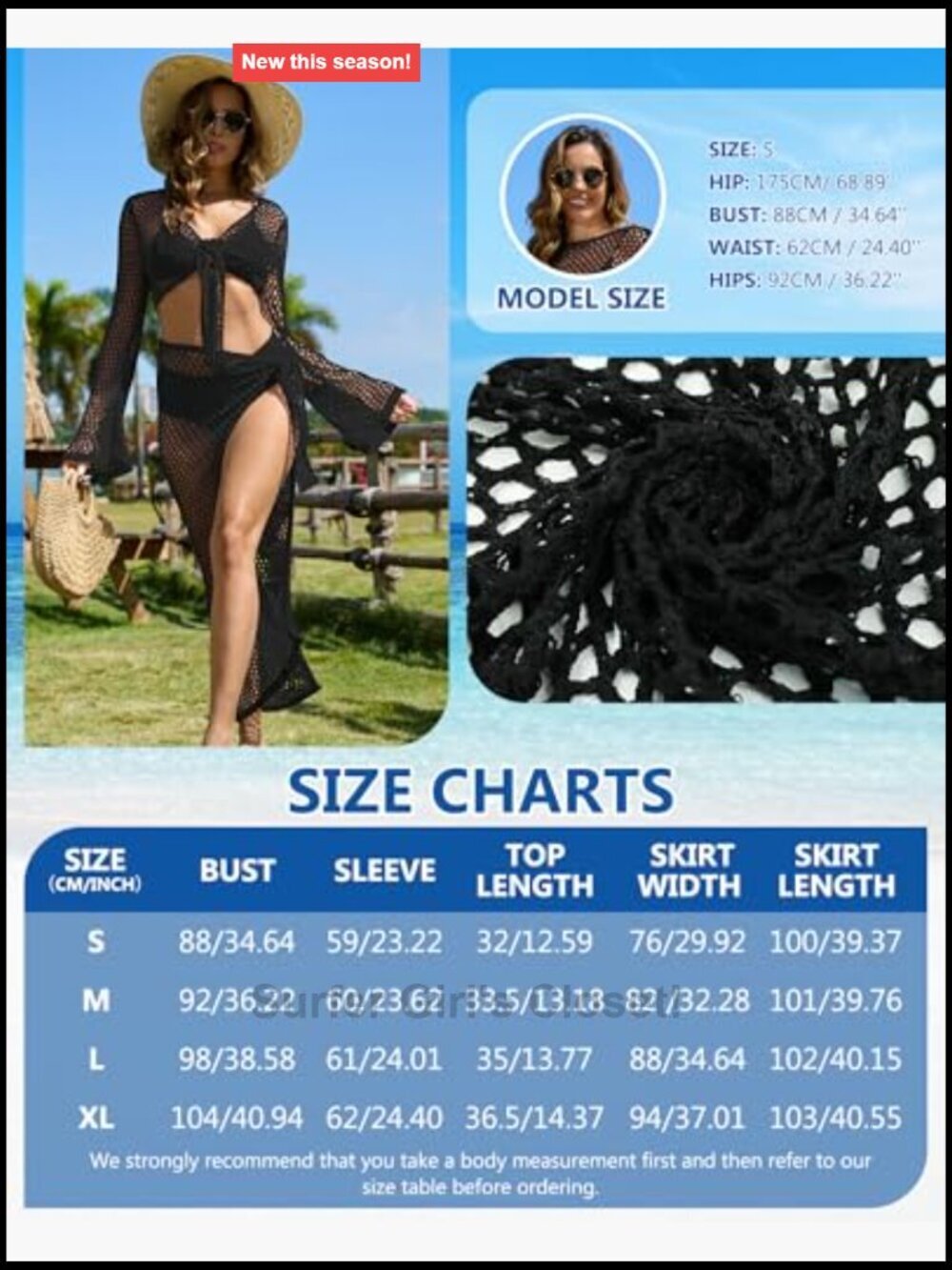 Women's Crochet Two Piece Swimsuit Cover Up Set Hollow Out Knit Top and Wrap - Picture 2 of 7